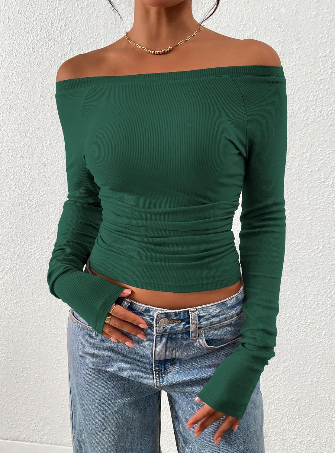 imagePRETTYGARDEN Long Sleeve Shirts for Women 2026 Fall Ruched Sides Boat Neck Basic Tee Casual Fitted Ribbed Knit Crop TopsDark Green