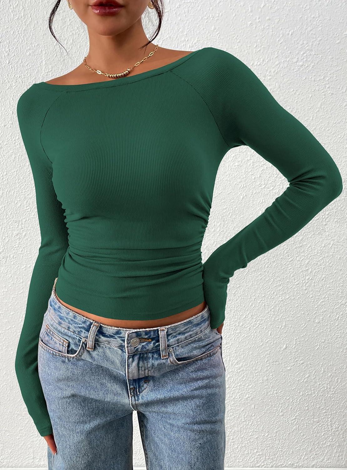imagePRETTYGARDEN Long Sleeve Shirts for Women 2026 Fall Ruched Sides Boat Neck Basic Tee Casual Fitted Ribbed Knit Crop TopsDark Green