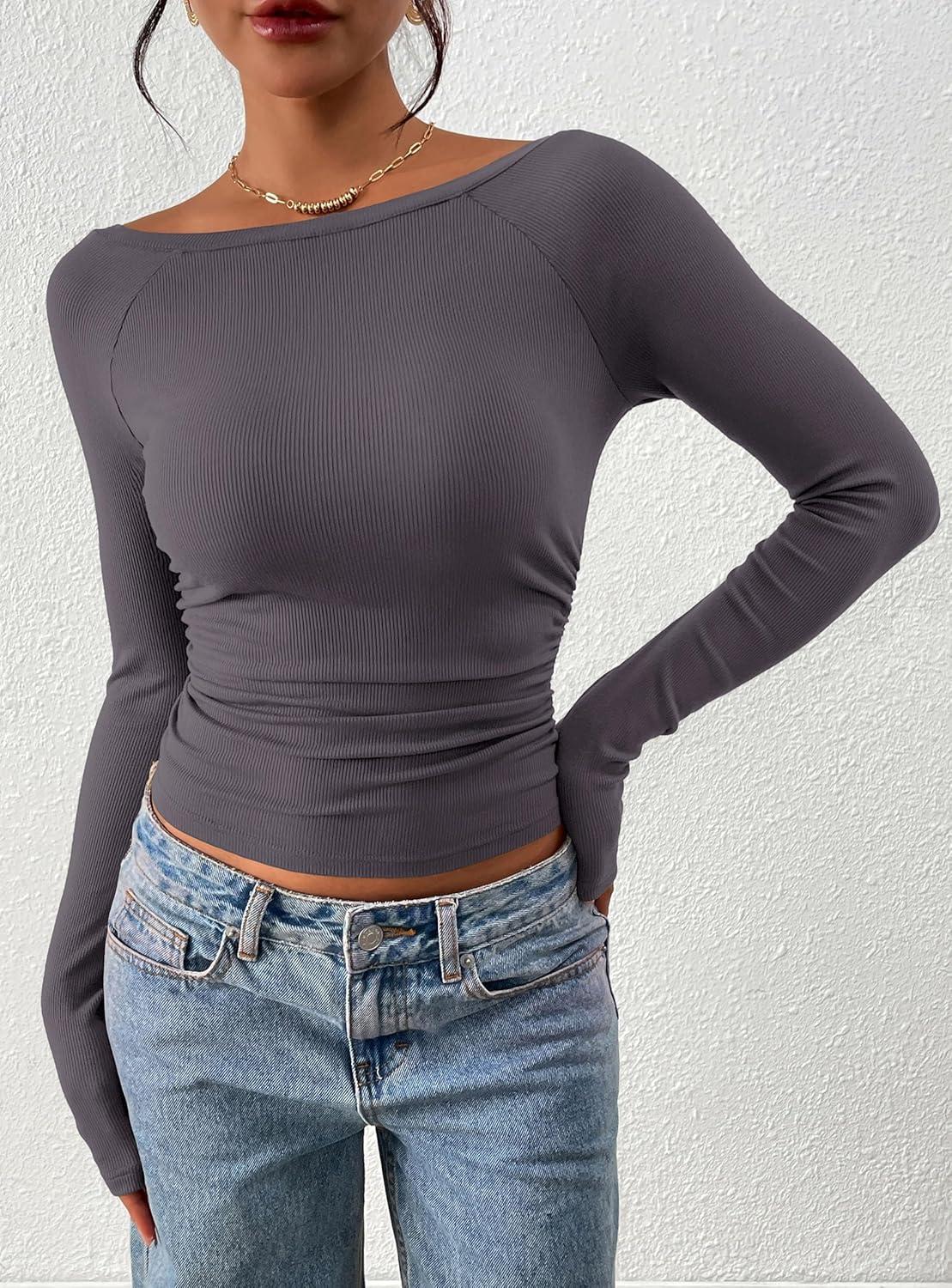 imagePRETTYGARDEN Long Sleeve Shirts for Women 2026 Fall Ruched Sides Boat Neck Basic Tee Casual Fitted Ribbed Knit Crop TopsDark Grey