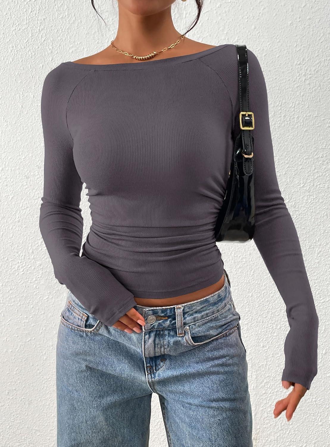 imagePRETTYGARDEN Long Sleeve Shirts for Women 2026 Fall Ruched Sides Boat Neck Basic Tee Casual Fitted Ribbed Knit Crop TopsDark Grey