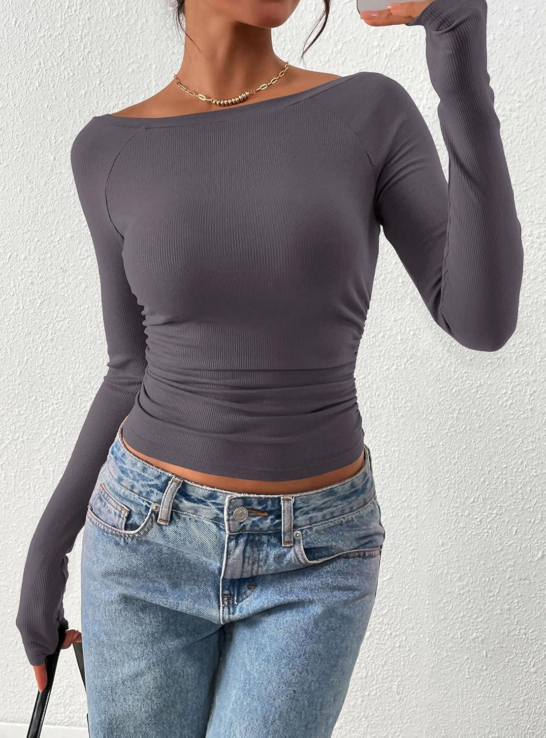 imagePRETTYGARDEN Long Sleeve Shirts for Women 2026 Fall Ruched Sides Boat Neck Basic Tee Casual Fitted Ribbed Knit Crop TopsDark Grey