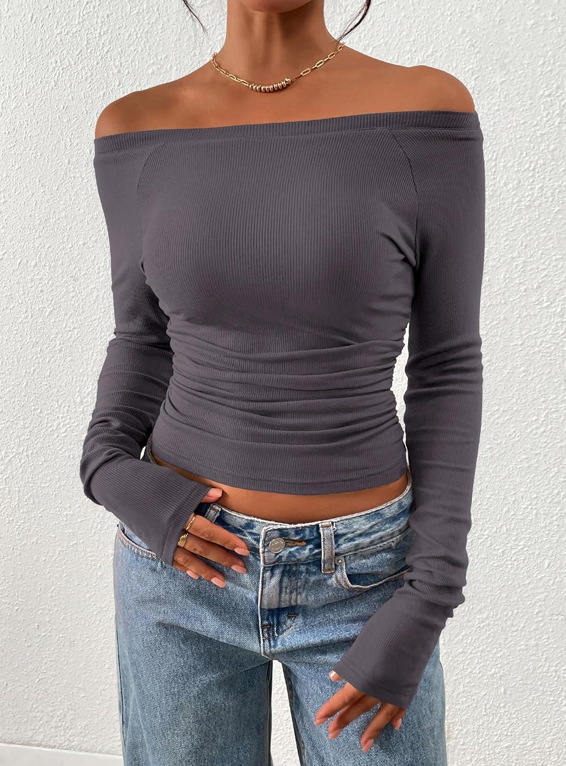 imagePRETTYGARDEN Long Sleeve Shirts for Women 2026 Fall Ruched Sides Boat Neck Basic Tee Casual Fitted Ribbed Knit Crop TopsDark Grey