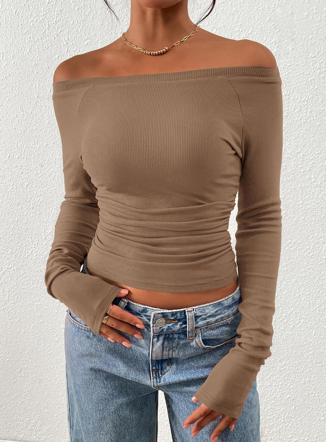 imagePRETTYGARDEN Long Sleeve Shirts for Women 2026 Fall Ruched Sides Boat Neck Basic Tee Casual Fitted Ribbed Knit Crop TopsKhaki