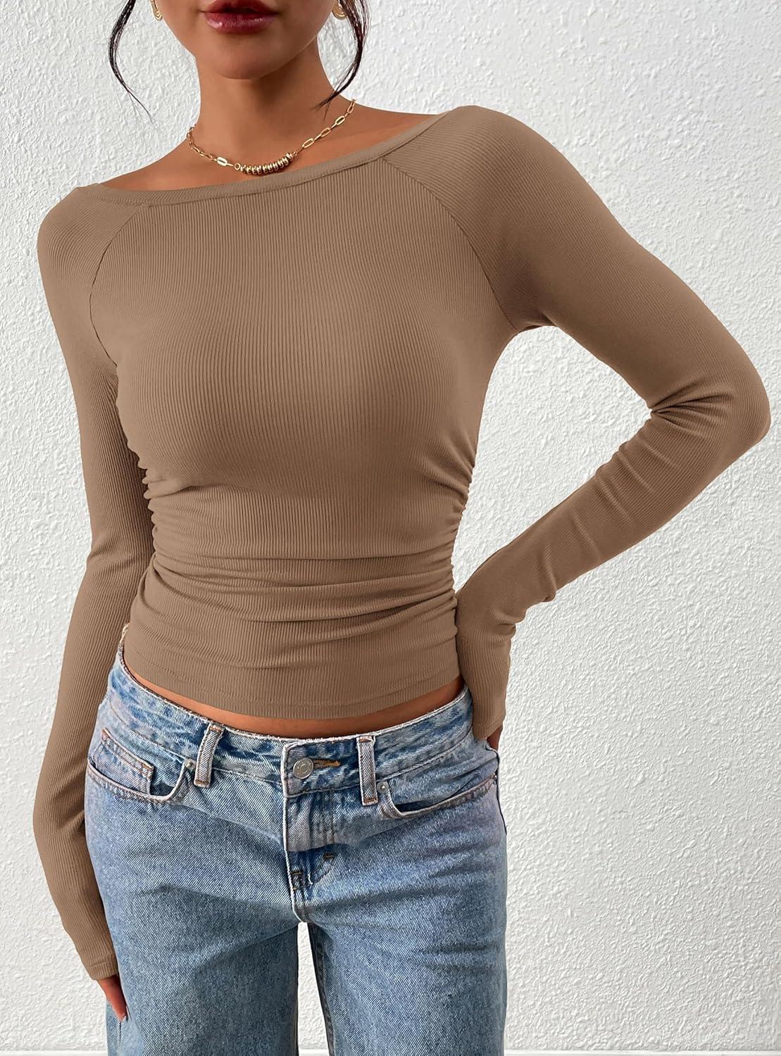 imagePRETTYGARDEN Long Sleeve Shirts for Women 2026 Fall Ruched Sides Boat Neck Basic Tee Casual Fitted Ribbed Knit Crop TopsKhaki