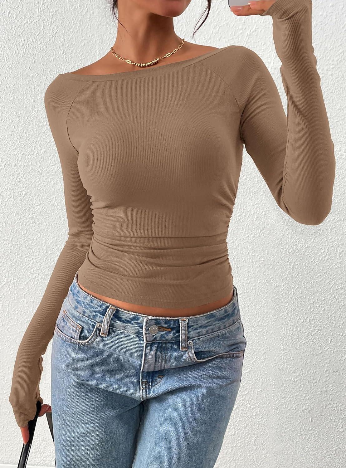 imagePRETTYGARDEN Long Sleeve Shirts for Women 2026 Fall Ruched Sides Boat Neck Basic Tee Casual Fitted Ribbed Knit Crop TopsKhaki