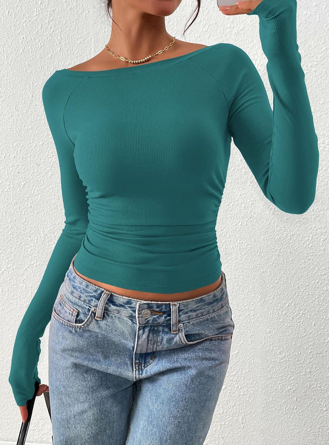imagePRETTYGARDEN Long Sleeve Shirts for Women 2026 Fall Ruched Sides Boat Neck Basic Tee Casual Fitted Ribbed Knit Crop TopsLake Blue