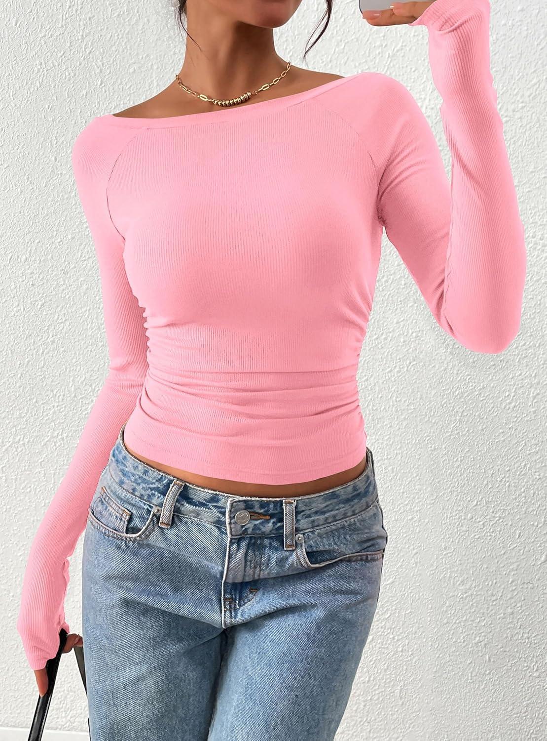 imagePRETTYGARDEN Long Sleeve Shirts for Women 2026 Fall Ruched Sides Boat Neck Basic Tee Casual Fitted Ribbed Knit Crop TopsLight Pink