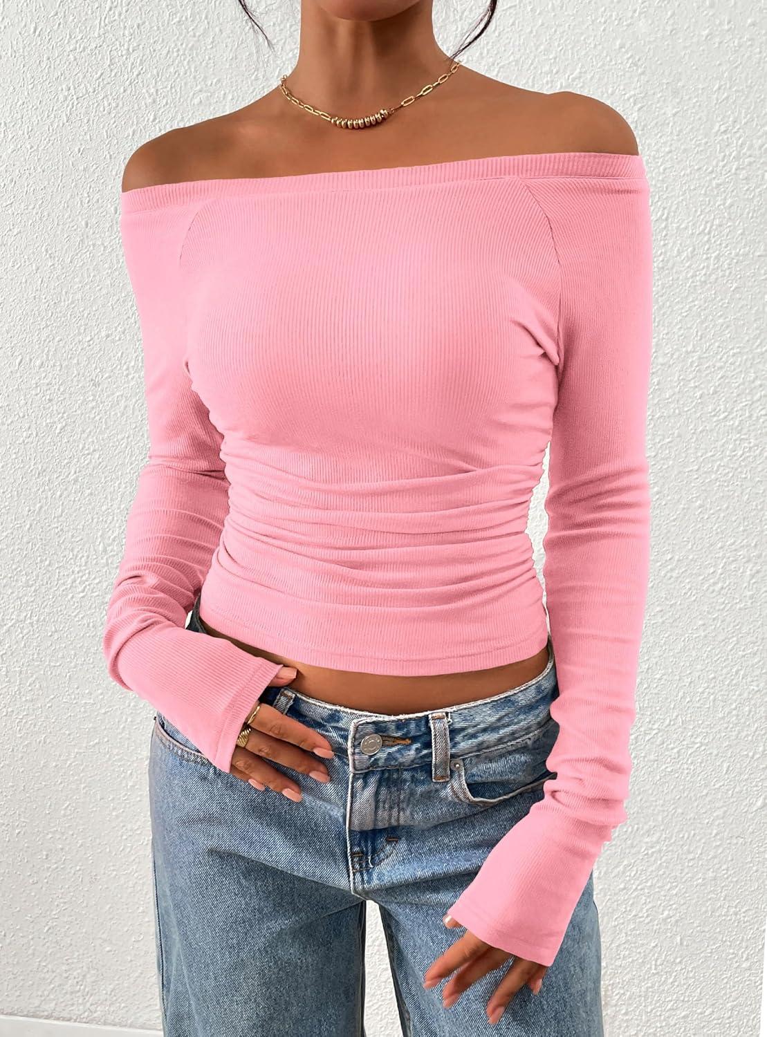 imagePRETTYGARDEN Long Sleeve Shirts for Women 2026 Fall Ruched Sides Boat Neck Basic Tee Casual Fitted Ribbed Knit Crop TopsLight Pink