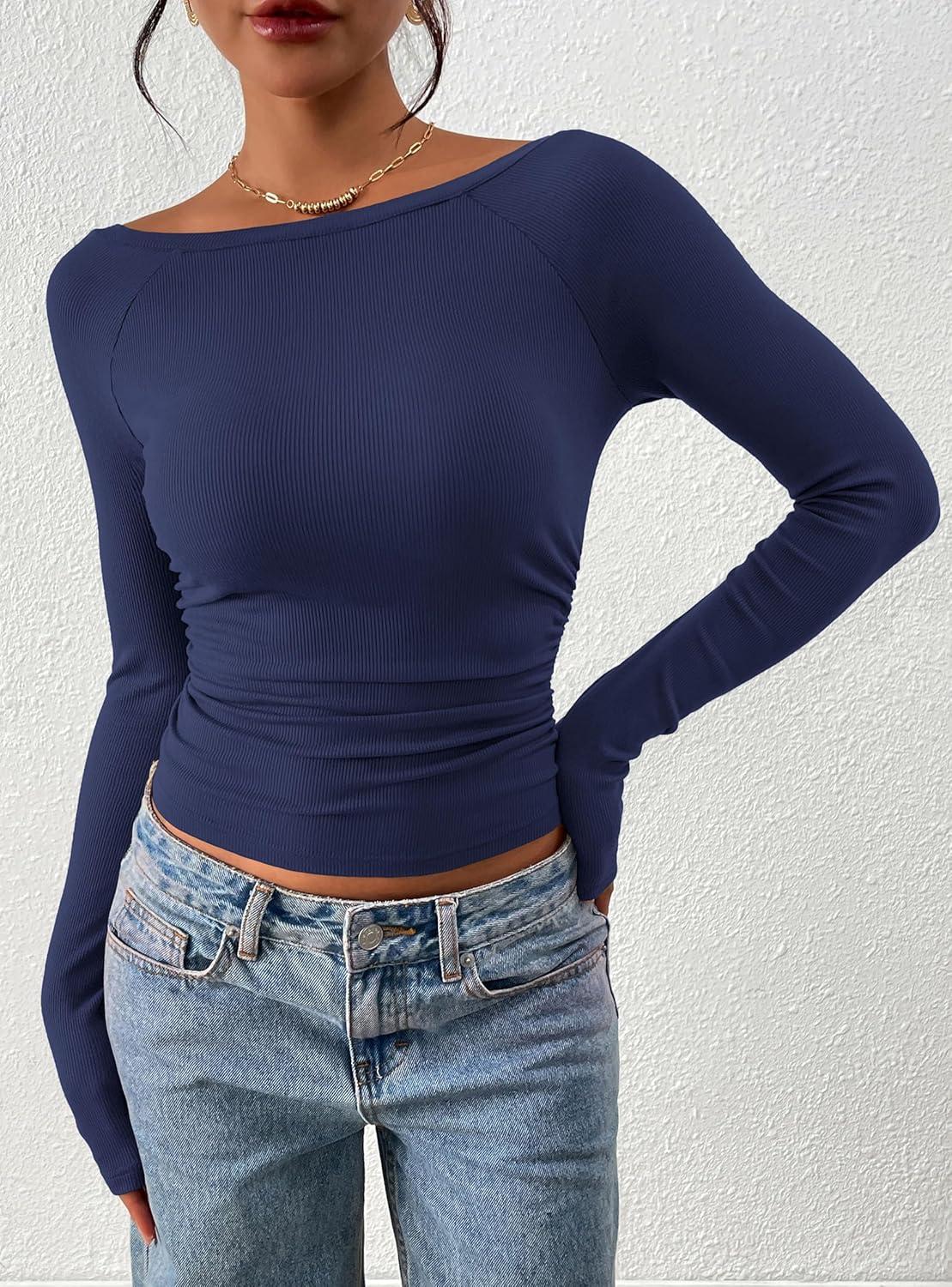 imagePRETTYGARDEN Long Sleeve Shirts for Women 2026 Fall Ruched Sides Boat Neck Basic Tee Casual Fitted Ribbed Knit Crop TopsNavy Blue