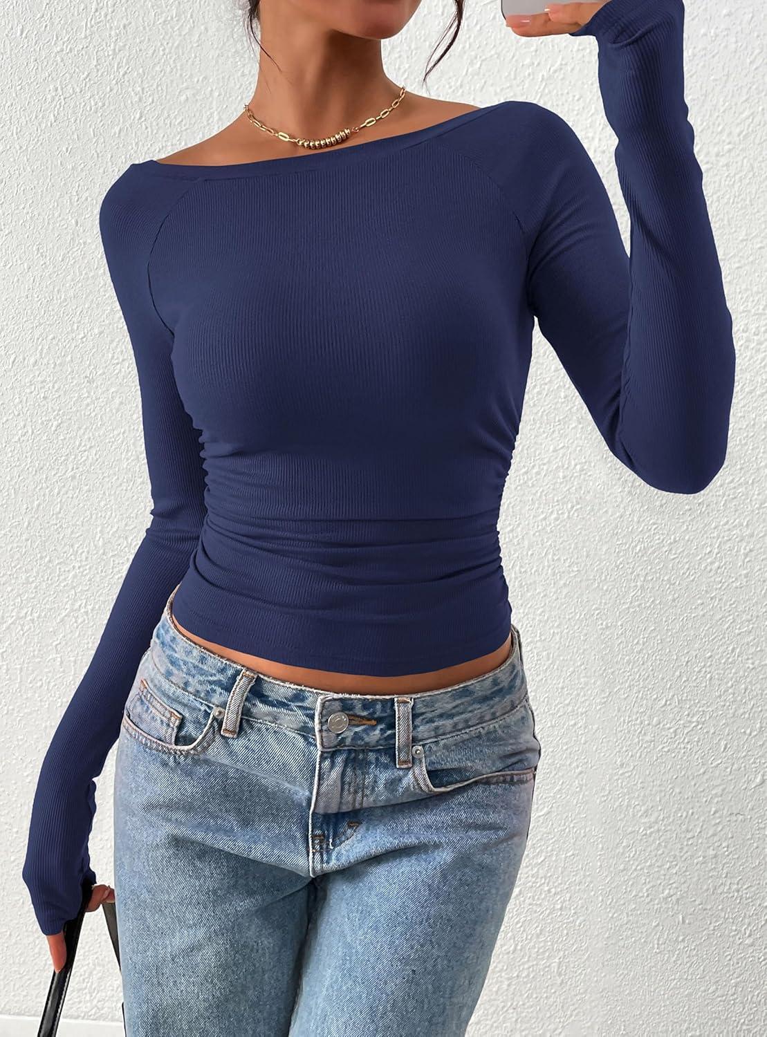 imagePRETTYGARDEN Long Sleeve Shirts for Women 2026 Fall Ruched Sides Boat Neck Basic Tee Casual Fitted Ribbed Knit Crop TopsNavy Blue