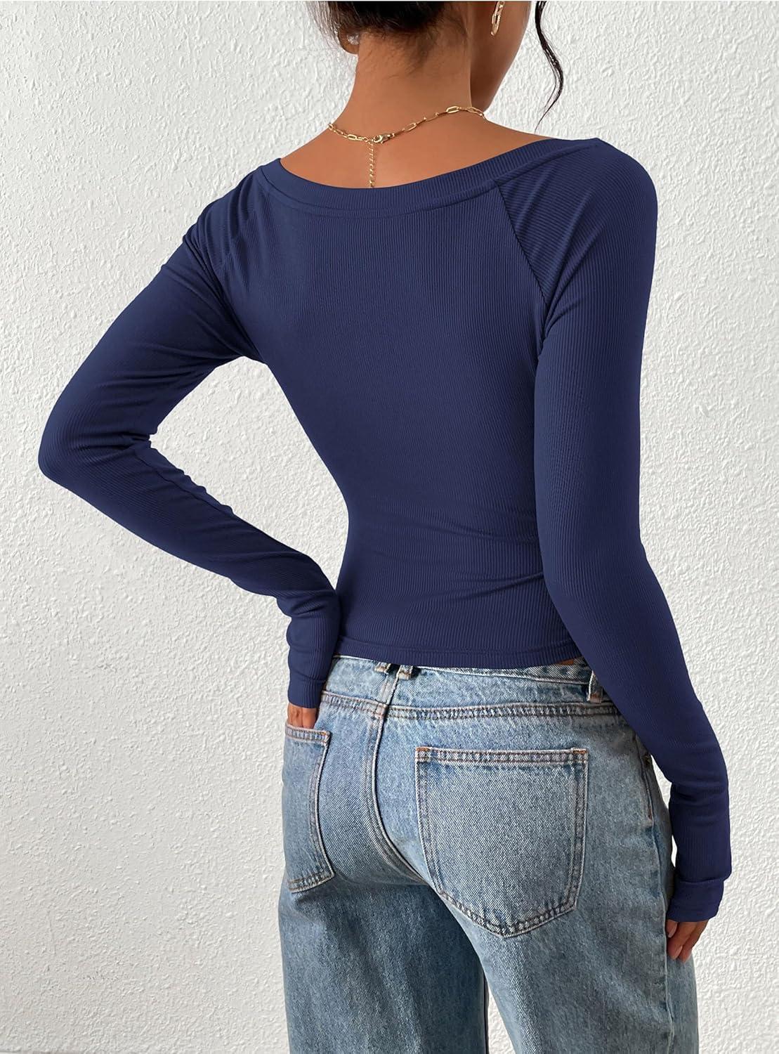 imagePRETTYGARDEN Long Sleeve Shirts for Women 2026 Fall Ruched Sides Boat Neck Basic Tee Casual Fitted Ribbed Knit Crop TopsNavy Blue