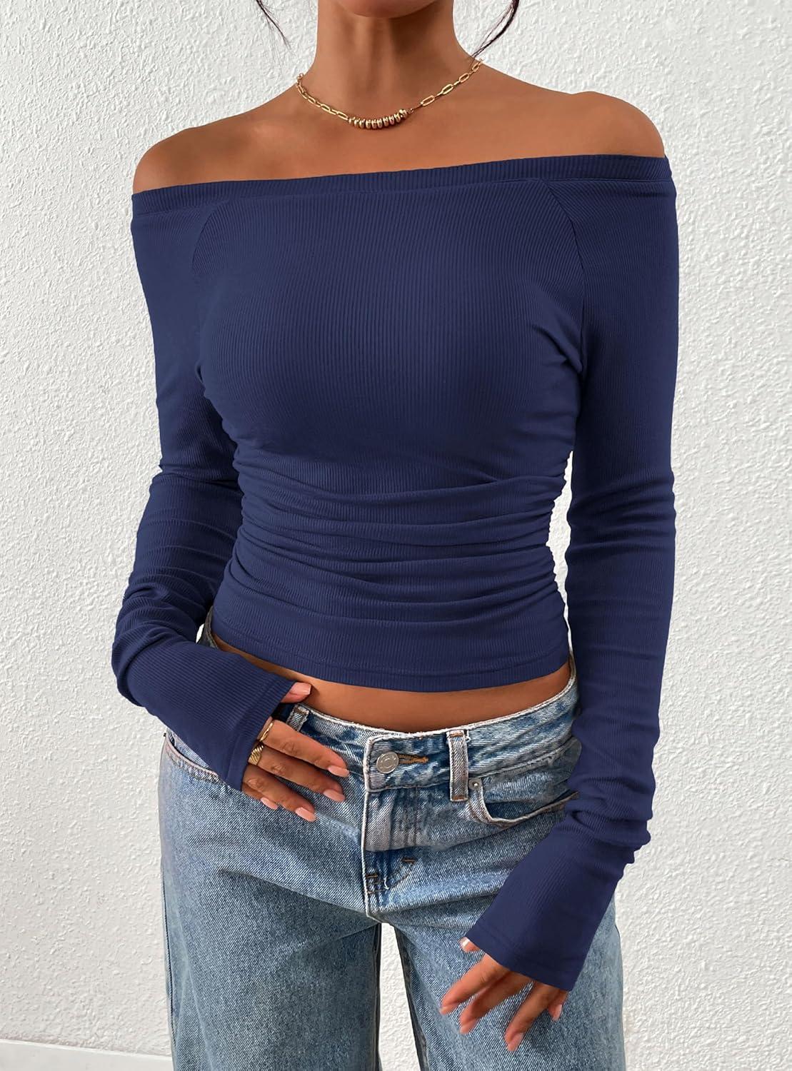 imagePRETTYGARDEN Long Sleeve Shirts for Women 2026 Fall Ruched Sides Boat Neck Basic Tee Casual Fitted Ribbed Knit Crop TopsNavy Blue