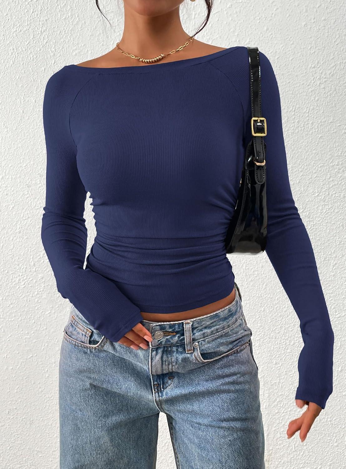 imagePRETTYGARDEN Long Sleeve Shirts for Women 2026 Fall Ruched Sides Boat Neck Basic Tee Casual Fitted Ribbed Knit Crop TopsNavy Blue