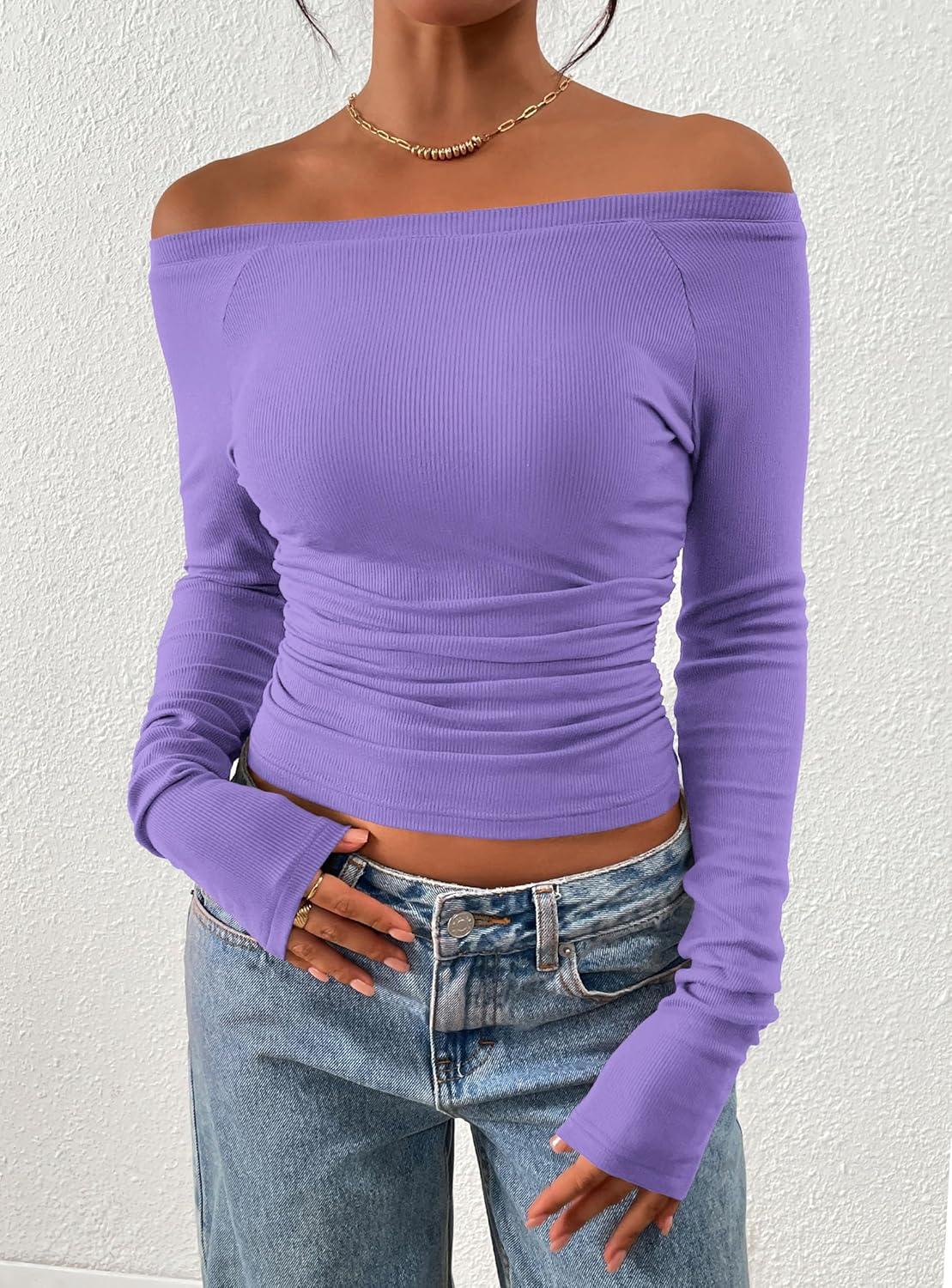 imagePRETTYGARDEN Long Sleeve Shirts for Women 2026 Fall Ruched Sides Boat Neck Basic Tee Casual Fitted Ribbed Knit Crop TopsPurple Grey