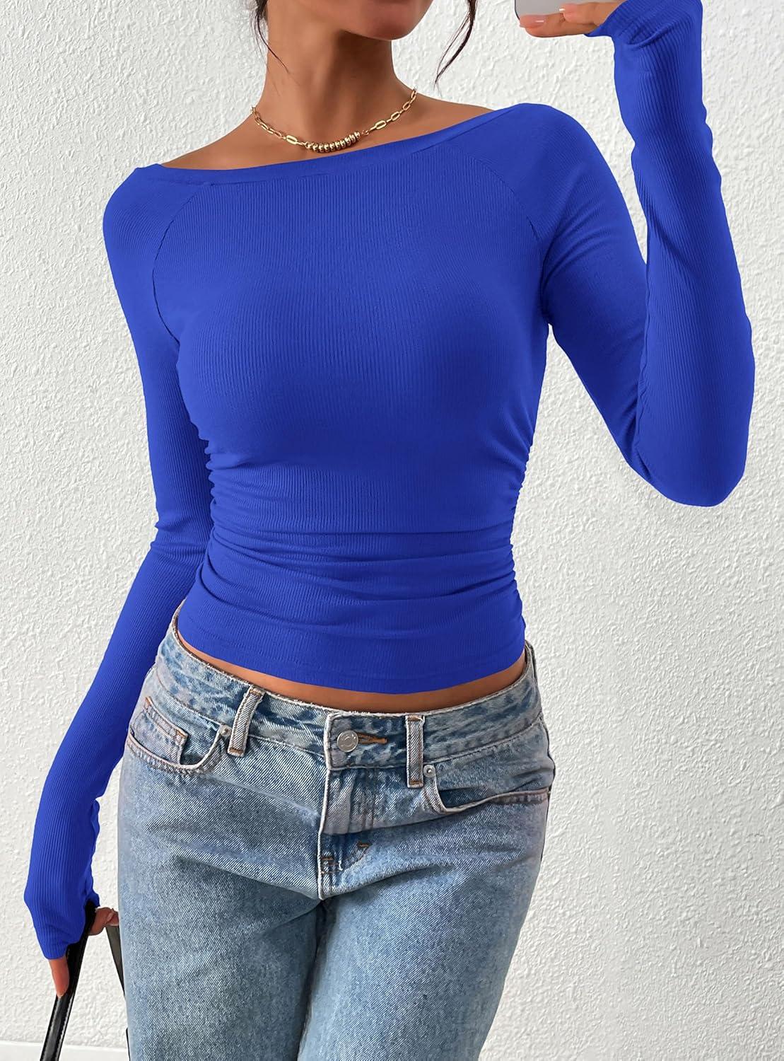 imagePRETTYGARDEN Long Sleeve Shirts for Women 2026 Fall Ruched Sides Boat Neck Basic Tee Casual Fitted Ribbed Knit Crop TopsRoyal Blue