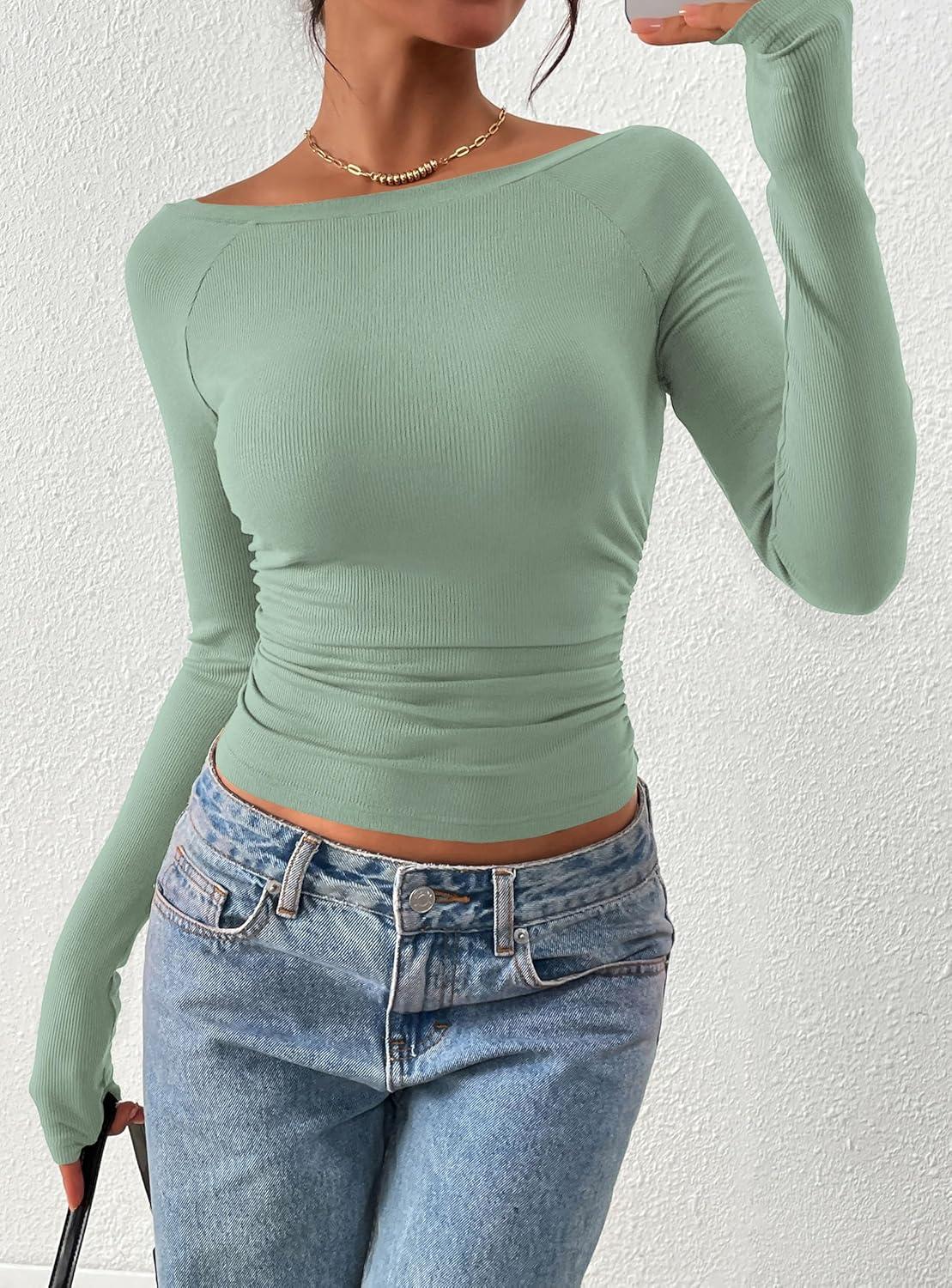 imagePRETTYGARDEN Long Sleeve Shirts for Women 2026 Fall Ruched Sides Boat Neck Basic Tee Casual Fitted Ribbed Knit Crop TopsSage Green
