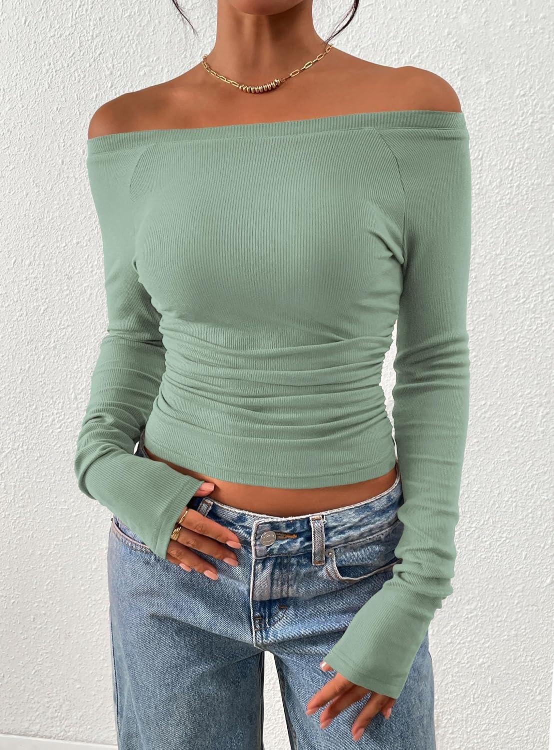 imagePRETTYGARDEN Long Sleeve Shirts for Women 2026 Fall Ruched Sides Boat Neck Basic Tee Casual Fitted Ribbed Knit Crop TopsSage Green