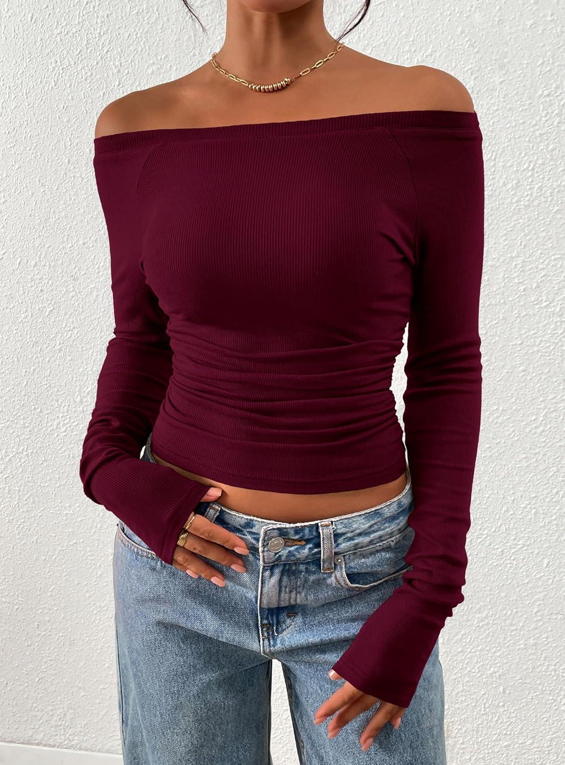 imagePRETTYGARDEN Long Sleeve Shirts for Women 2026 Fall Ruched Sides Boat Neck Basic Tee Casual Fitted Ribbed Knit Crop TopsWine Red