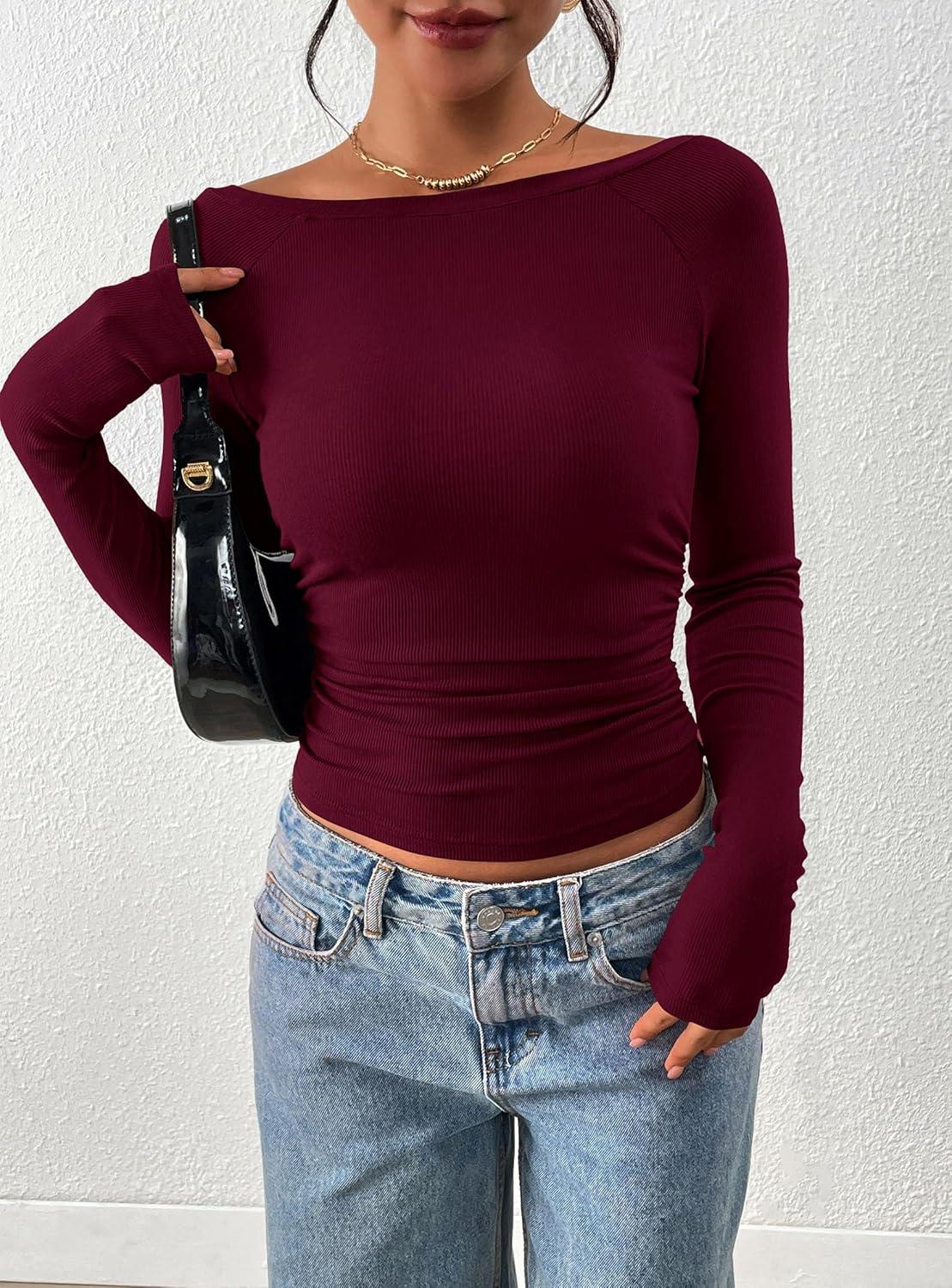 imagePRETTYGARDEN Long Sleeve Shirts for Women 2026 Fall Ruched Sides Boat Neck Basic Tee Casual Fitted Ribbed Knit Crop TopsWine Red
