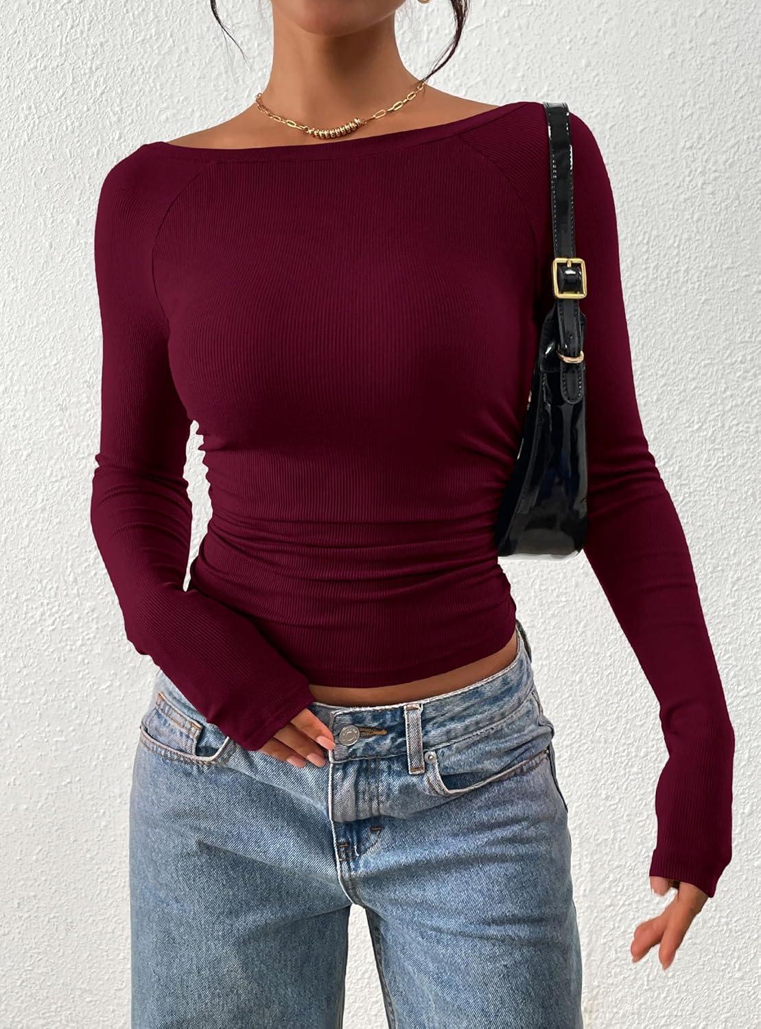 imagePRETTYGARDEN Long Sleeve Shirts for Women 2026 Fall Ruched Sides Boat Neck Basic Tee Casual Fitted Ribbed Knit Crop TopsWine Red