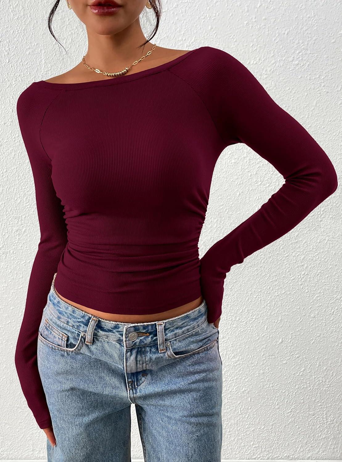imagePRETTYGARDEN Long Sleeve Shirts for Women 2026 Fall Ruched Sides Boat Neck Basic Tee Casual Fitted Ribbed Knit Crop TopsWine Red