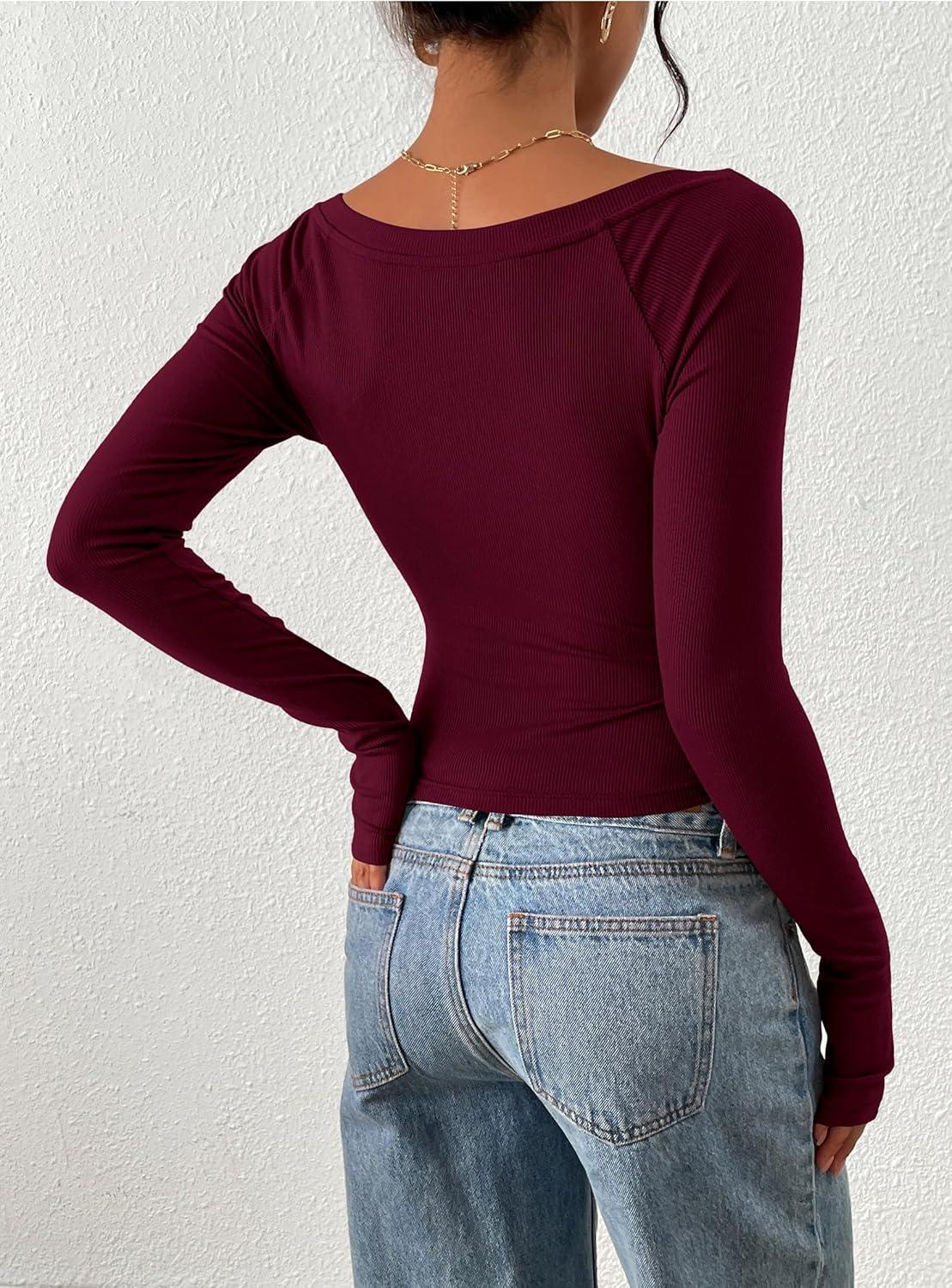 imagePRETTYGARDEN Long Sleeve Shirts for Women 2026 Fall Ruched Sides Boat Neck Basic Tee Casual Fitted Ribbed Knit Crop TopsWine Red