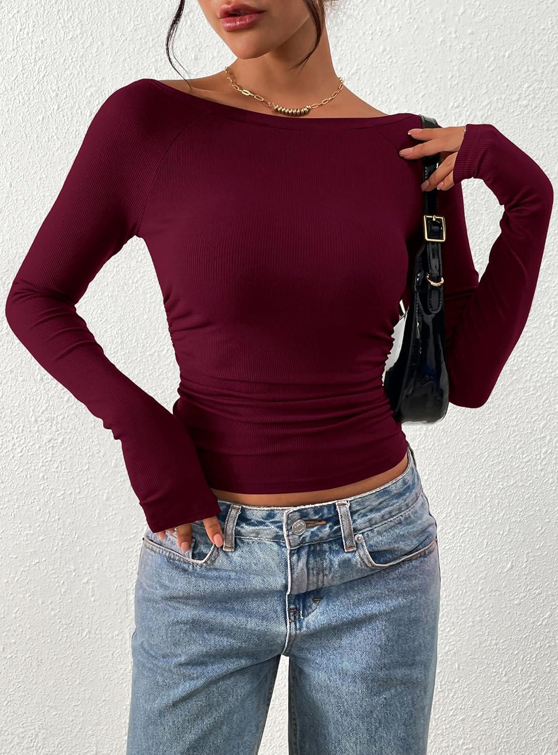 imagePRETTYGARDEN Long Sleeve Shirts for Women 2026 Fall Ruched Sides Boat Neck Basic Tee Casual Fitted Ribbed Knit Crop TopsWine Red