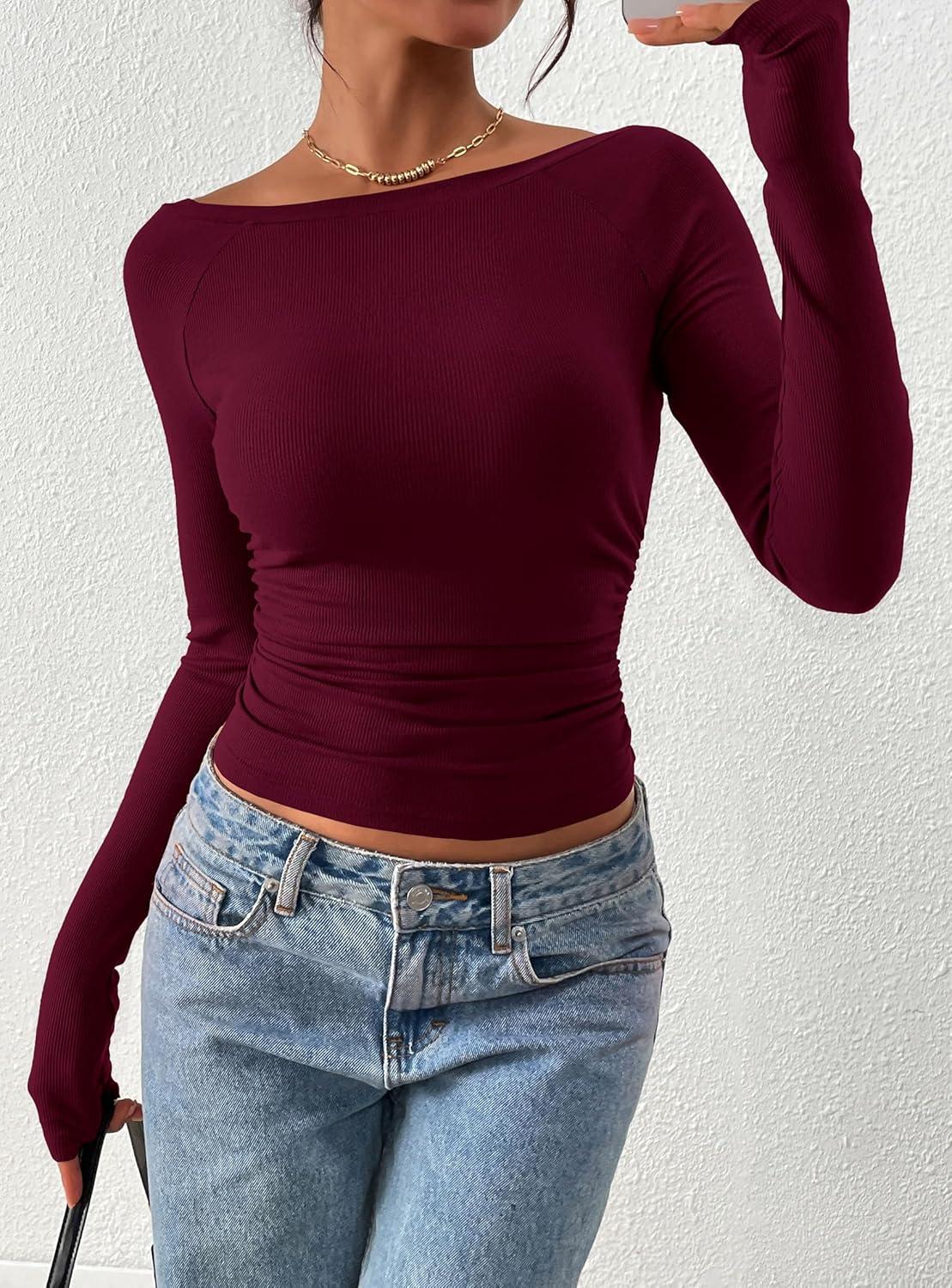 imagePRETTYGARDEN Long Sleeve Shirts for Women 2026 Fall Ruched Sides Boat Neck Basic Tee Casual Fitted Ribbed Knit Crop TopsWine Red