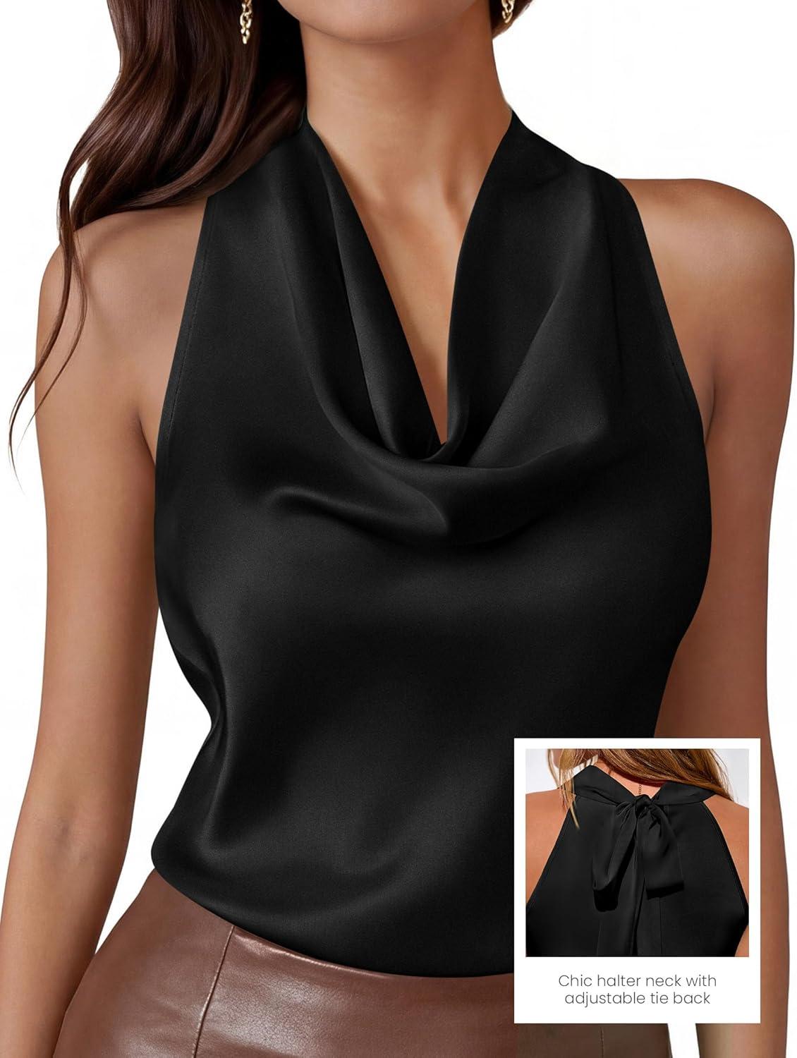 imagePRETTYGARDEN Silk Satin Halter Tops for Women Summer 2026 Cowl Neck Tie Back Going Out Sleeveless Business Casual Tank TopBlack