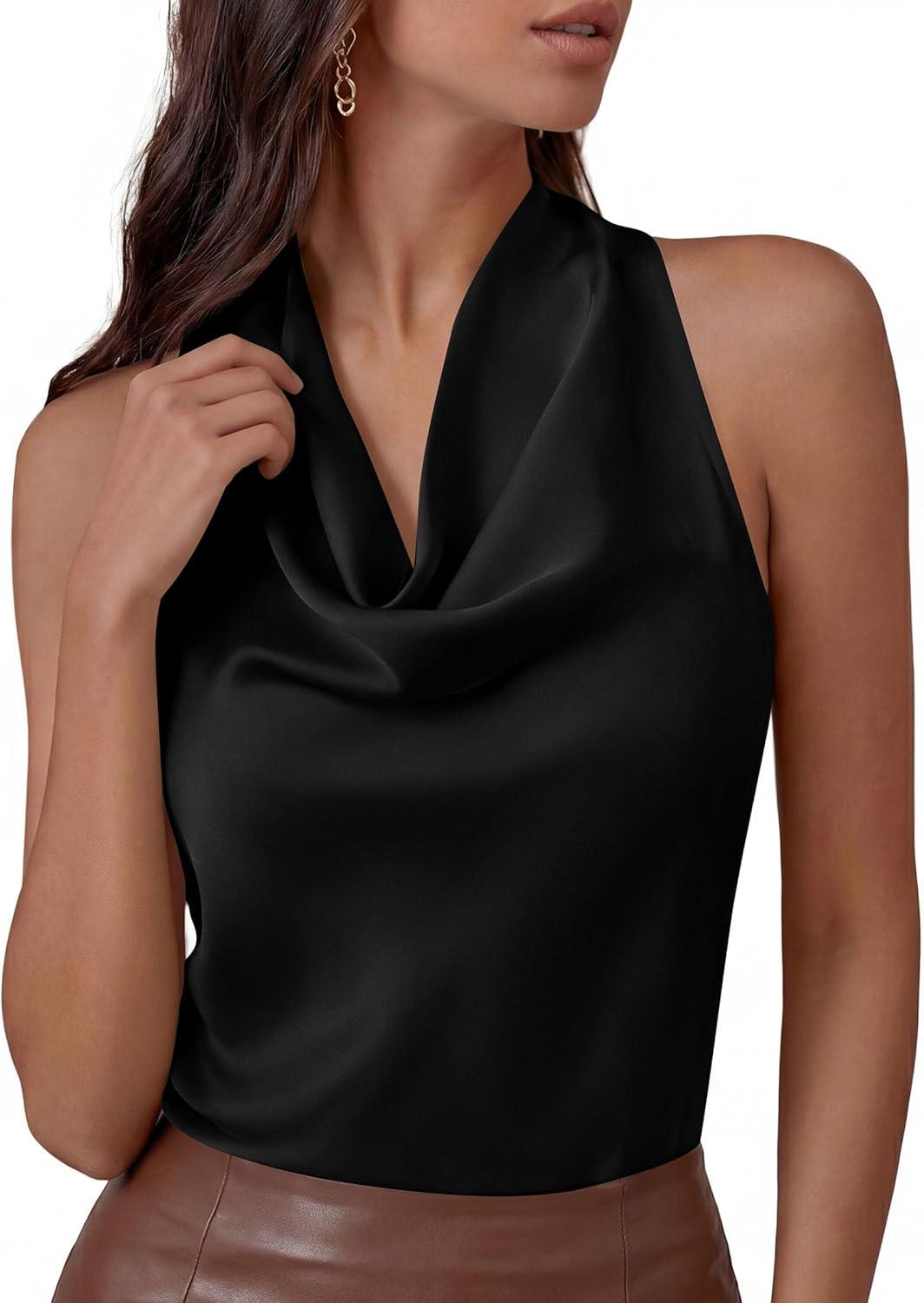 imagePRETTYGARDEN Silk Satin Halter Tops for Women Summer 2026 Cowl Neck Tie Back Going Out Sleeveless Business Casual Tank TopBlack
