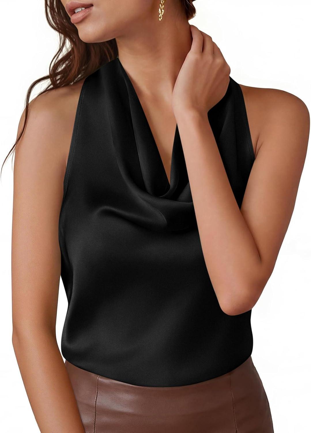 imagePRETTYGARDEN Silk Satin Halter Tops for Women Summer 2026 Cowl Neck Tie Back Going Out Sleeveless Business Casual Tank TopBlack