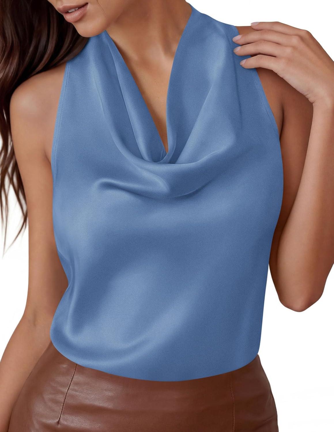 imagePRETTYGARDEN Silk Satin Halter Tops for Women Summer 2026 Cowl Neck Tie Back Going Out Sleeveless Business Casual Tank TopBlue