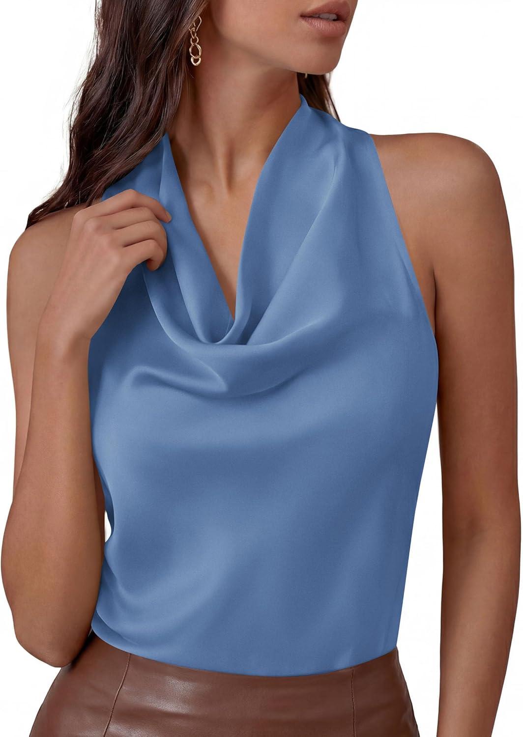 imagePRETTYGARDEN Silk Satin Halter Tops for Women Summer 2026 Cowl Neck Tie Back Going Out Sleeveless Business Casual Tank TopBlue