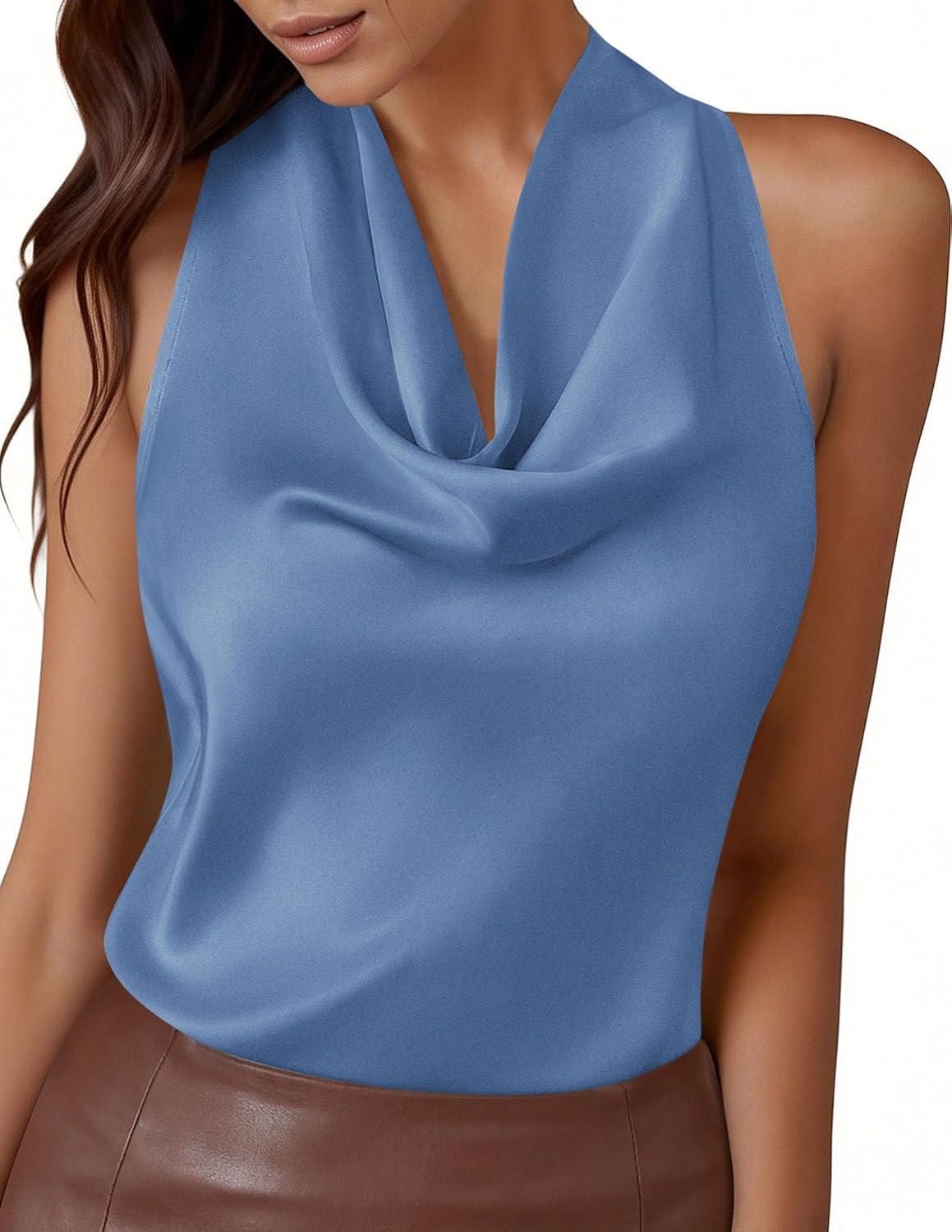 imagePRETTYGARDEN Silk Satin Halter Tops for Women Summer 2026 Cowl Neck Tie Back Going Out Sleeveless Business Casual Tank TopBlue