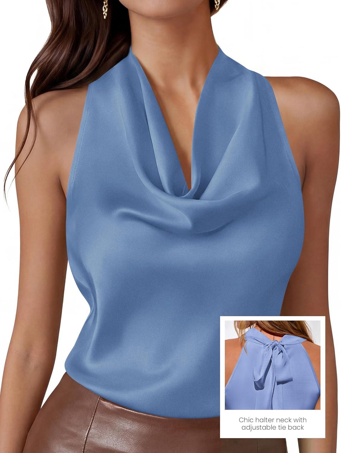 imagePRETTYGARDEN Silk Satin Halter Tops for Women Summer 2026 Cowl Neck Tie Back Going Out Sleeveless Business Casual Tank TopBlue