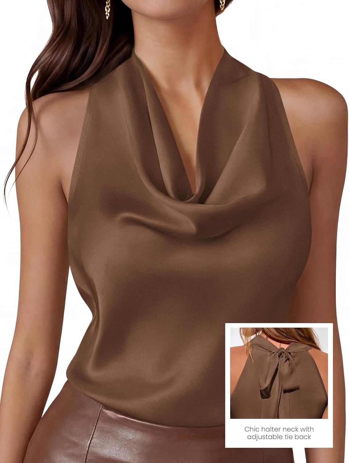imagePRETTYGARDEN Silk Satin Halter Tops for Women Summer 2026 Cowl Neck Tie Back Going Out Sleeveless Business Casual Tank TopBrown