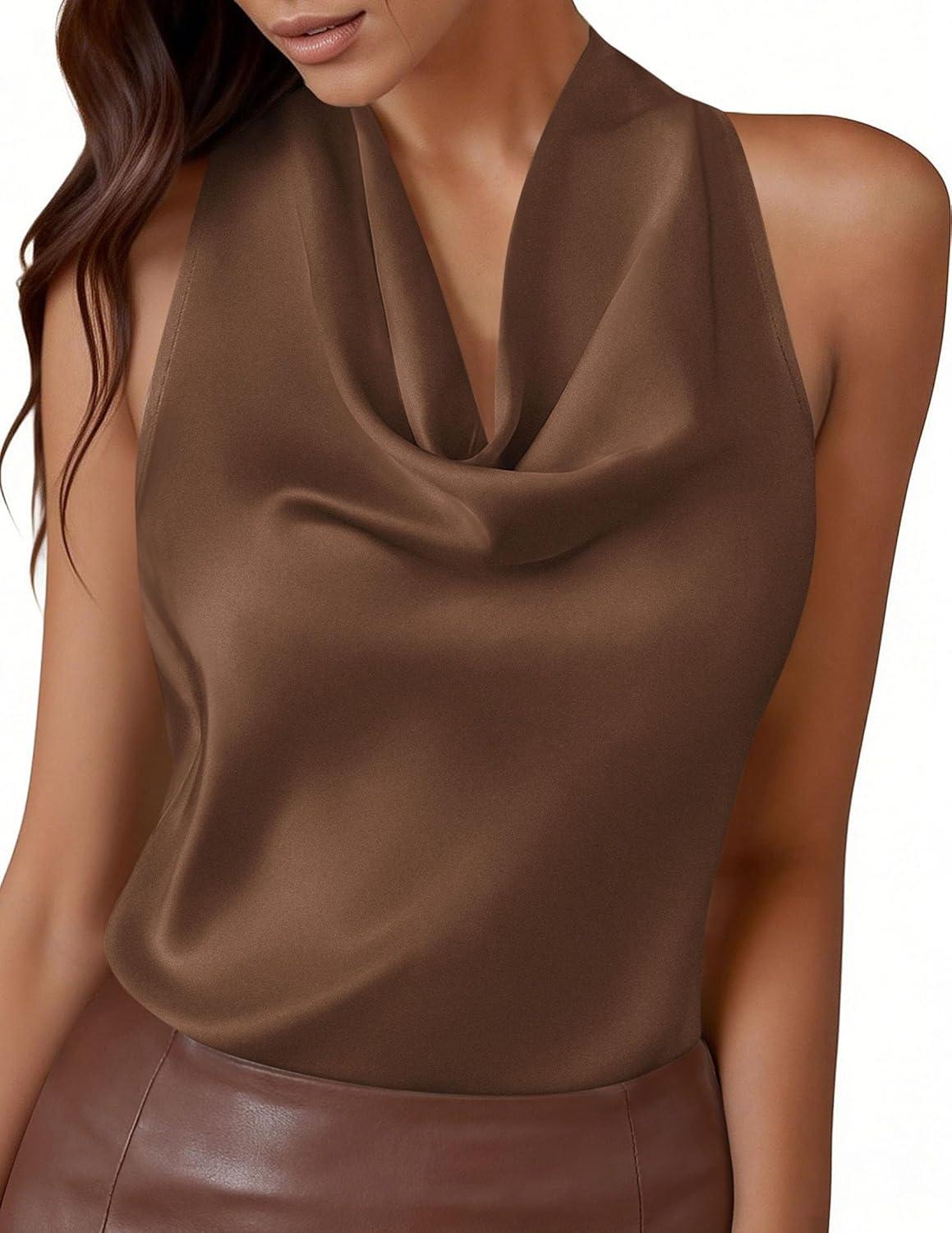 imagePRETTYGARDEN Silk Satin Halter Tops for Women Summer 2026 Cowl Neck Tie Back Going Out Sleeveless Business Casual Tank TopBrown
