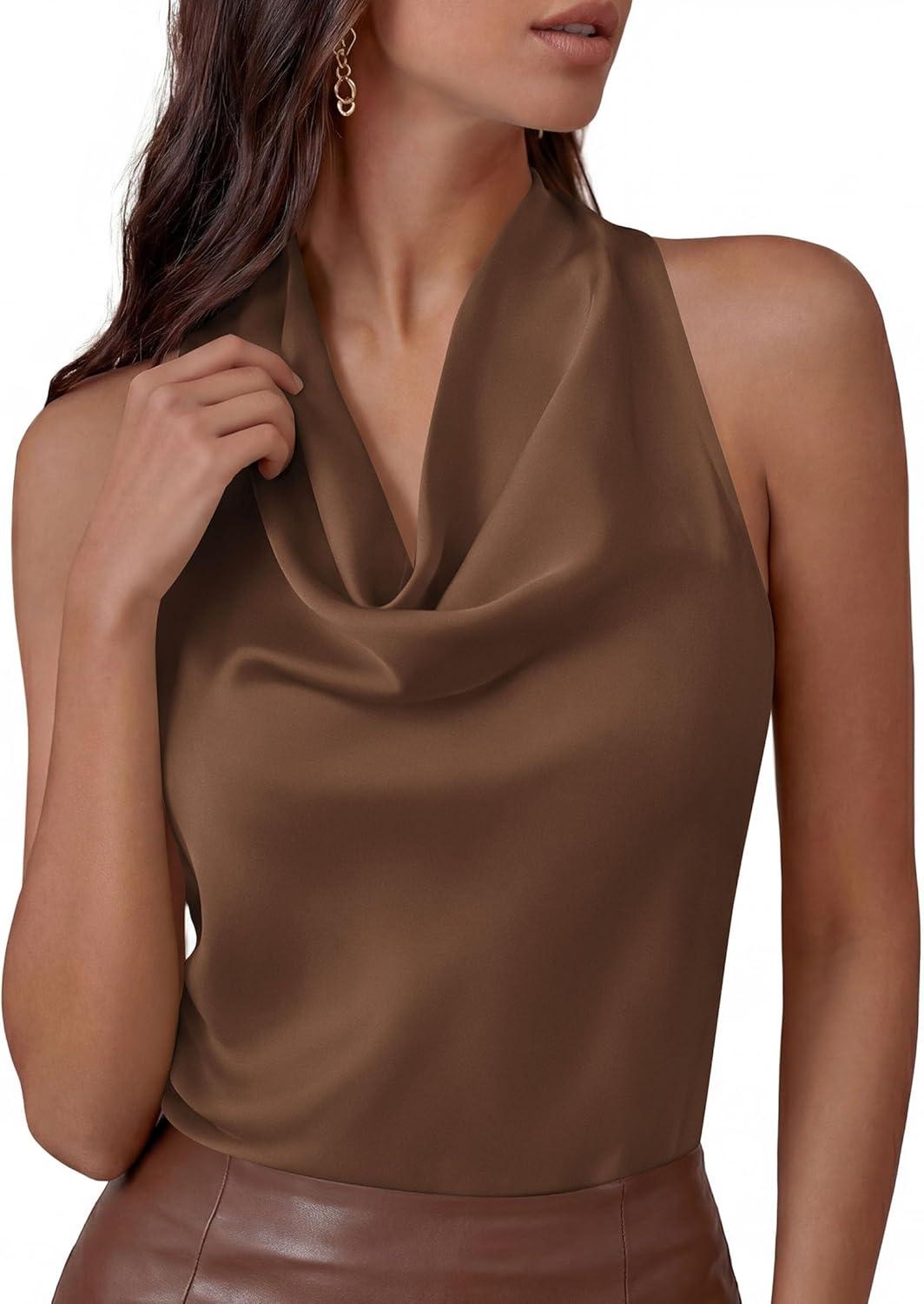 imagePRETTYGARDEN Silk Satin Halter Tops for Women Summer 2026 Cowl Neck Tie Back Going Out Sleeveless Business Casual Tank TopBrown