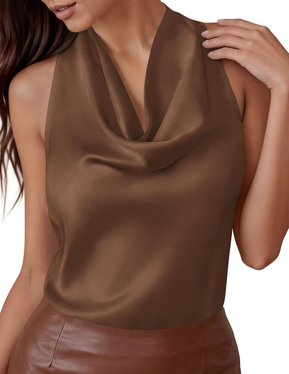 imagePRETTYGARDEN Silk Satin Halter Tops for Women Summer 2026 Cowl Neck Tie Back Going Out Sleeveless Business Casual Tank TopBrown