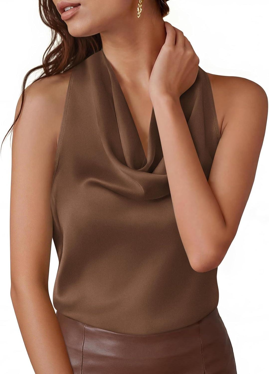 imagePRETTYGARDEN Silk Satin Halter Tops for Women Summer 2026 Cowl Neck Tie Back Going Out Sleeveless Business Casual Tank TopBrown