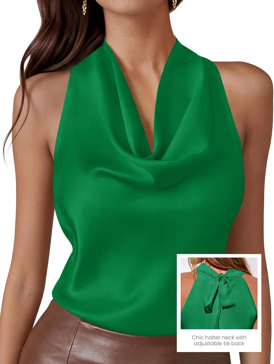 imagePRETTYGARDEN Silk Satin Halter Tops for Women Summer 2026 Cowl Neck Tie Back Going Out Sleeveless Business Casual Tank TopGreen