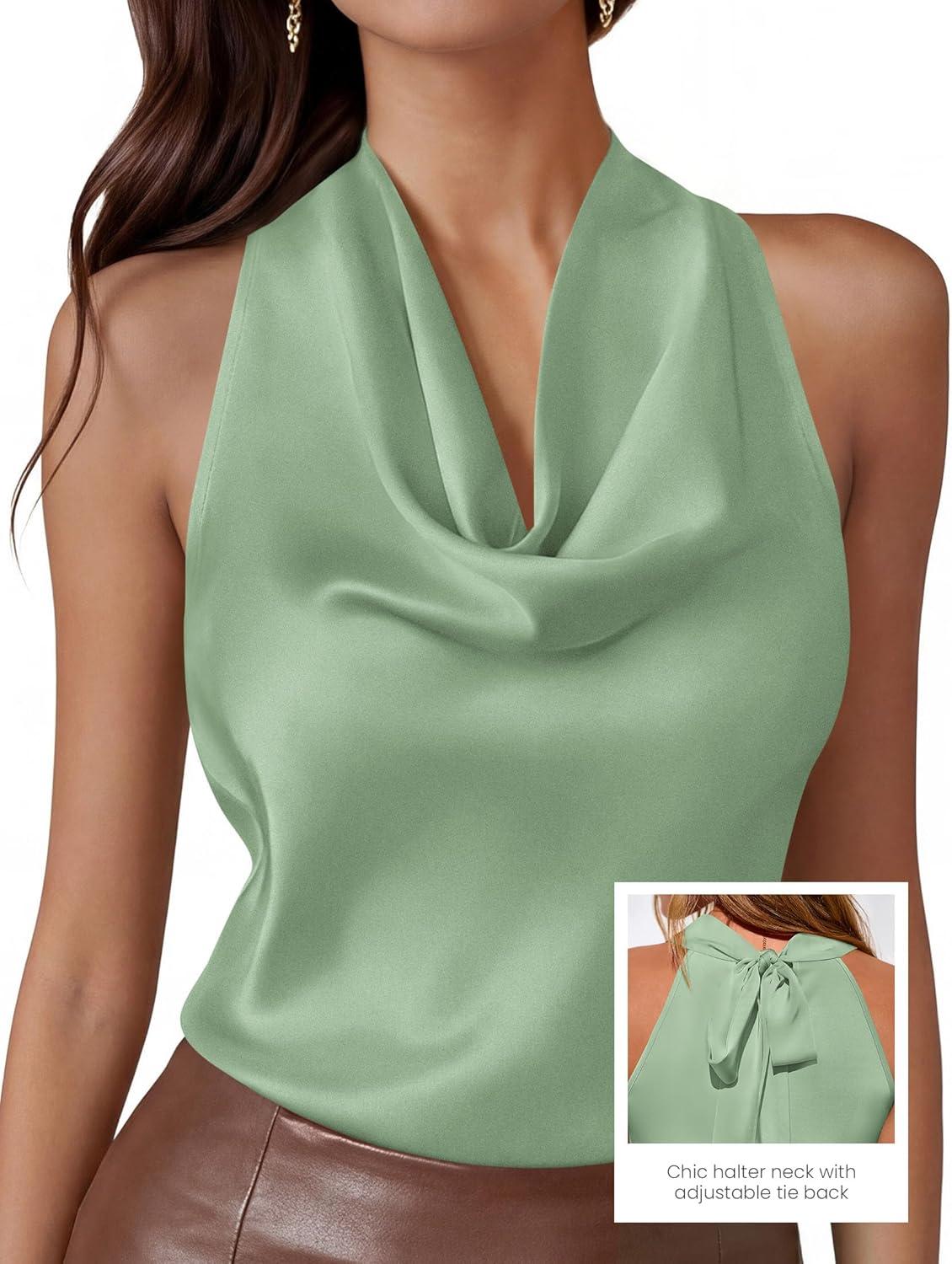 imagePRETTYGARDEN Silk Satin Halter Tops for Women Summer 2026 Cowl Neck Tie Back Going Out Sleeveless Business Casual Tank TopLight Green