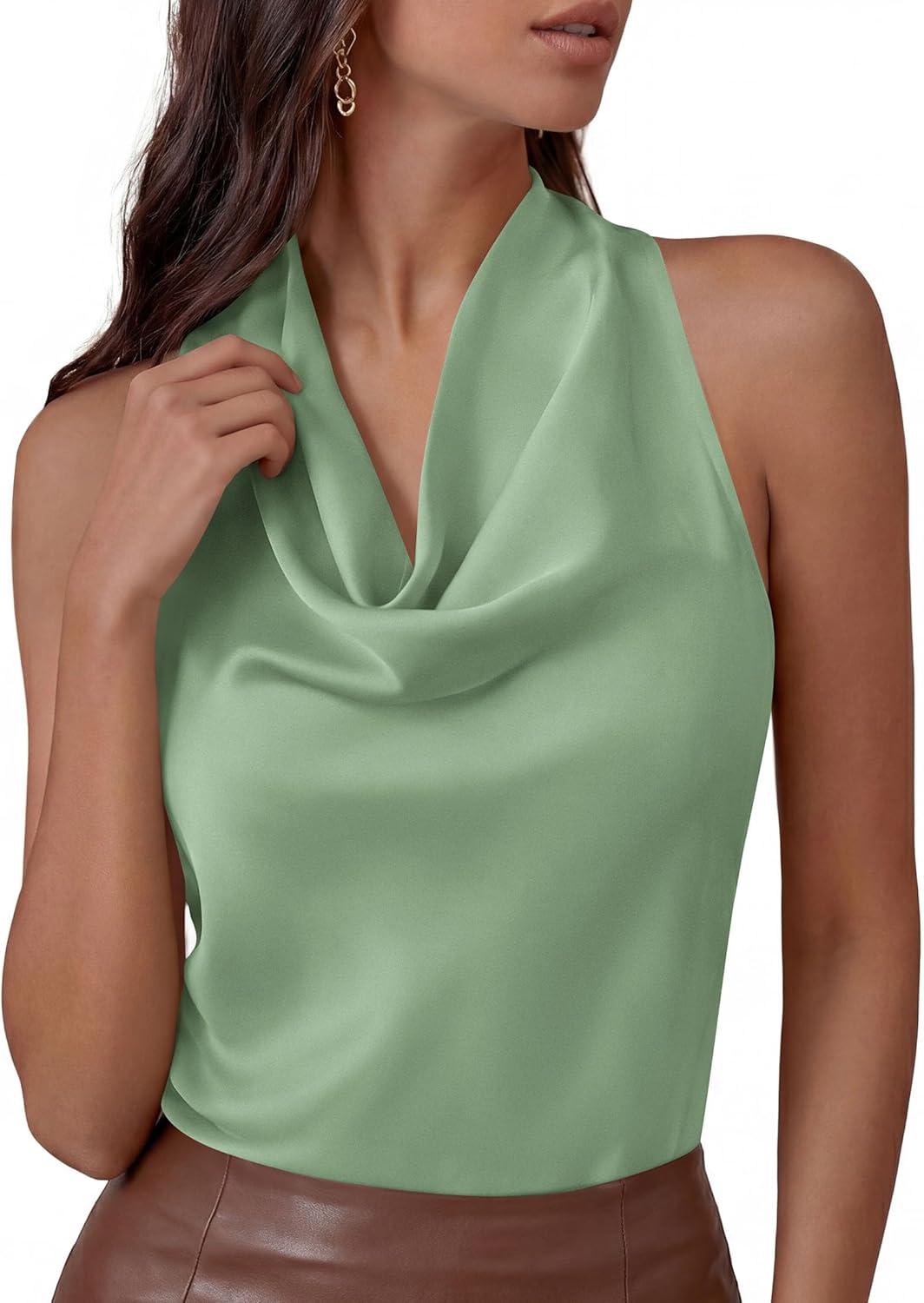 imagePRETTYGARDEN Silk Satin Halter Tops for Women Summer 2026 Cowl Neck Tie Back Going Out Sleeveless Business Casual Tank TopLight Green