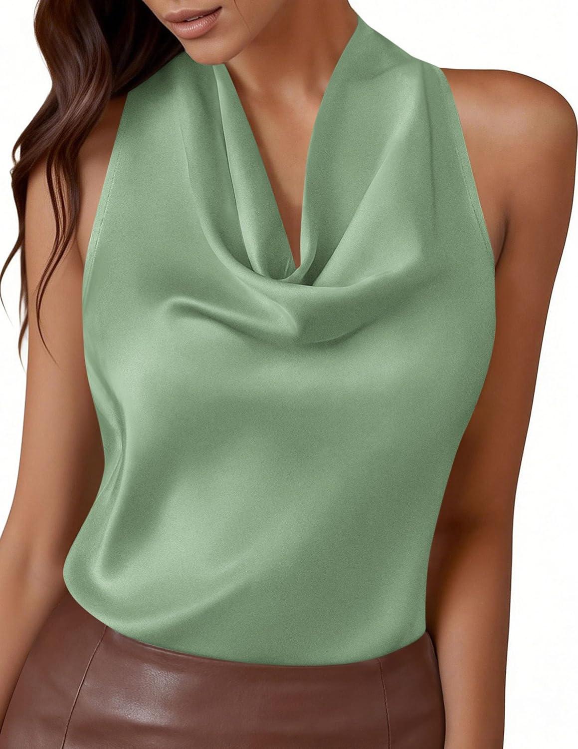 imagePRETTYGARDEN Silk Satin Halter Tops for Women Summer 2026 Cowl Neck Tie Back Going Out Sleeveless Business Casual Tank TopLight Green