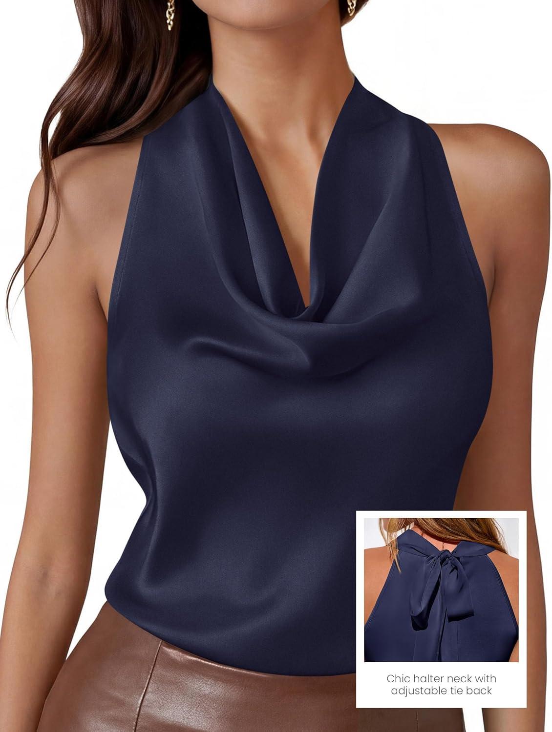 imagePRETTYGARDEN Silk Satin Halter Tops for Women Summer 2026 Cowl Neck Tie Back Going Out Sleeveless Business Casual Tank TopNavy