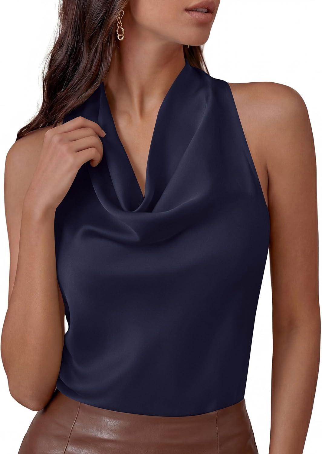 imagePRETTYGARDEN Silk Satin Halter Tops for Women Summer 2026 Cowl Neck Tie Back Going Out Sleeveless Business Casual Tank TopNavy