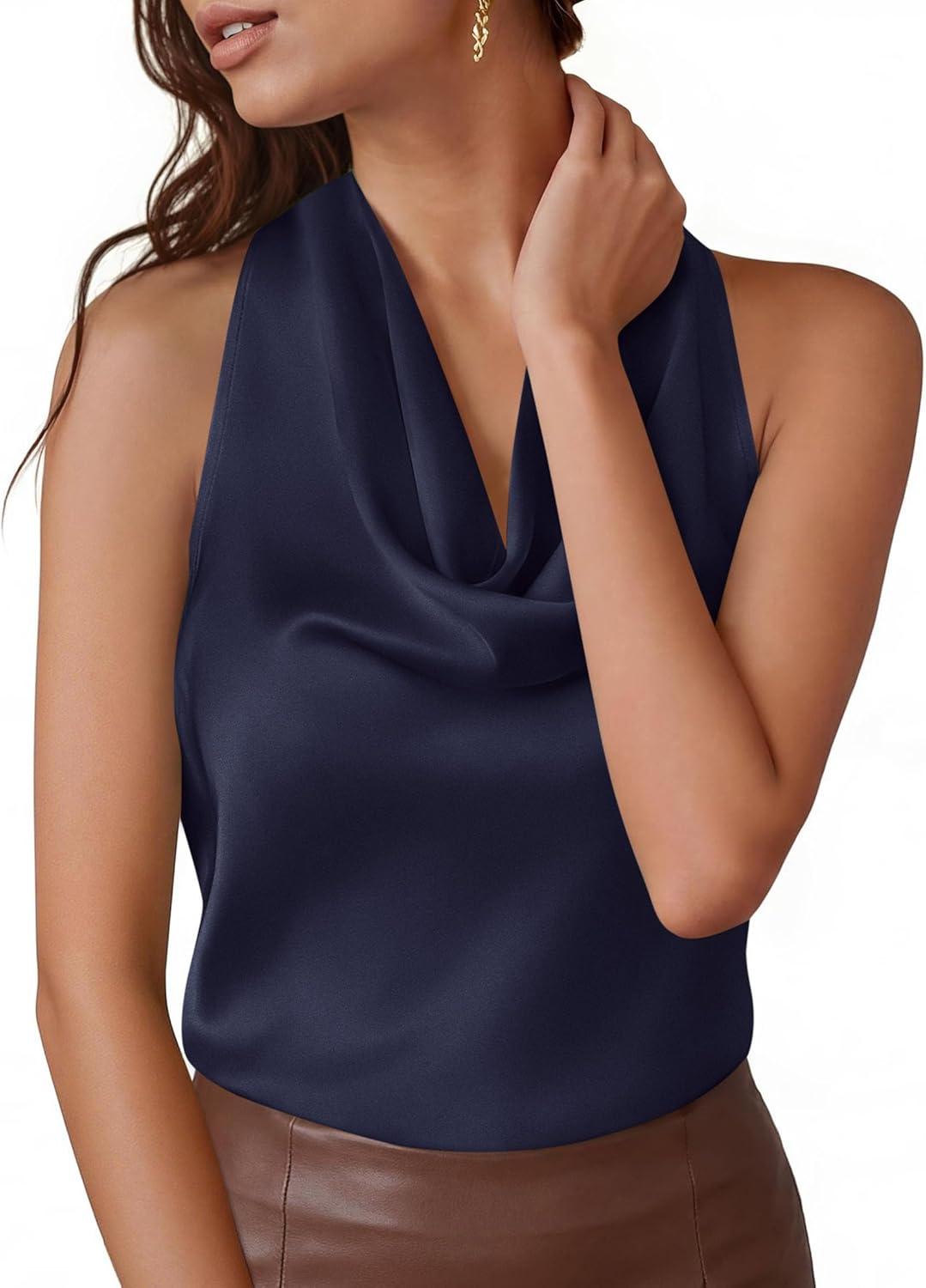 imagePRETTYGARDEN Silk Satin Halter Tops for Women Summer 2026 Cowl Neck Tie Back Going Out Sleeveless Business Casual Tank TopNavy