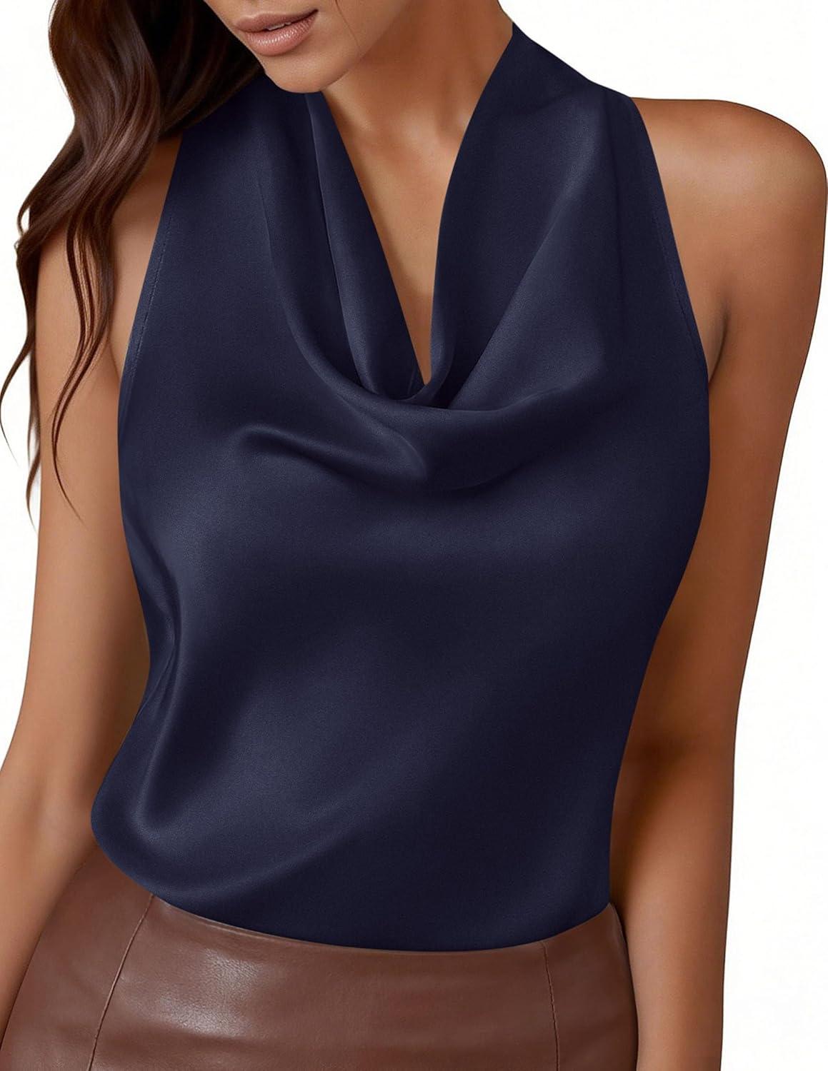 imagePRETTYGARDEN Silk Satin Halter Tops for Women Summer 2026 Cowl Neck Tie Back Going Out Sleeveless Business Casual Tank TopNavy