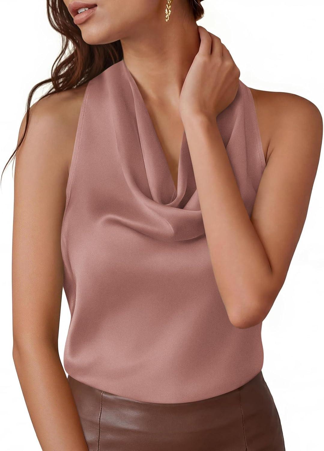 imagePRETTYGARDEN Silk Satin Halter Tops for Women Summer 2026 Cowl Neck Tie Back Going Out Sleeveless Business Casual Tank TopPink