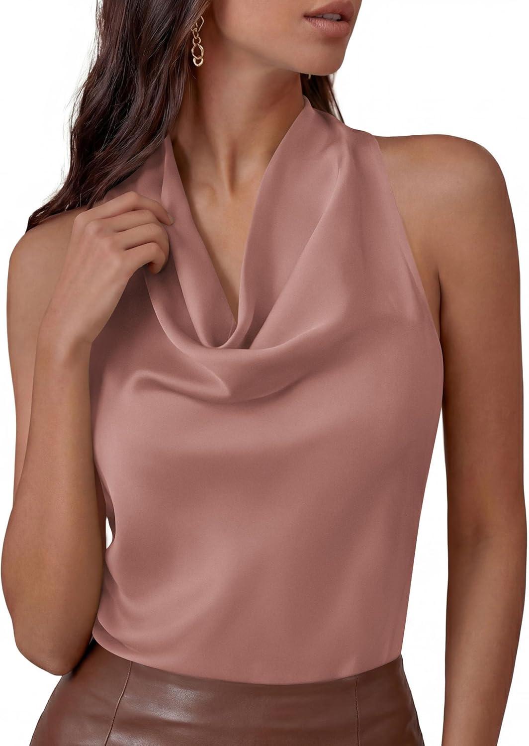 imagePRETTYGARDEN Silk Satin Halter Tops for Women Summer 2026 Cowl Neck Tie Back Going Out Sleeveless Business Casual Tank TopPink